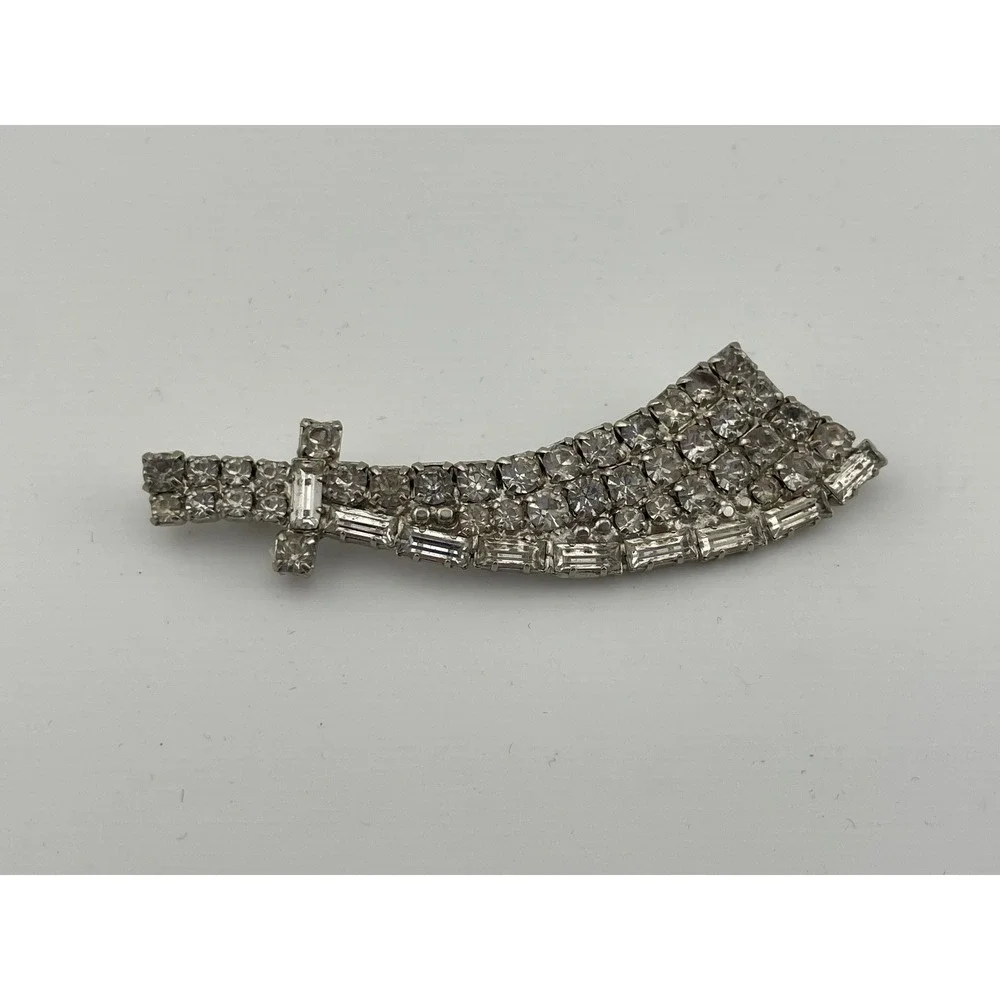 Vintage rhinestone Sword Brooch Silver Tone Scimitar Mid Century Costume Jewelry